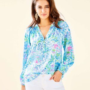 Lilly Pulitzer Blue and Pink Graphic Long Sleeve Blouse